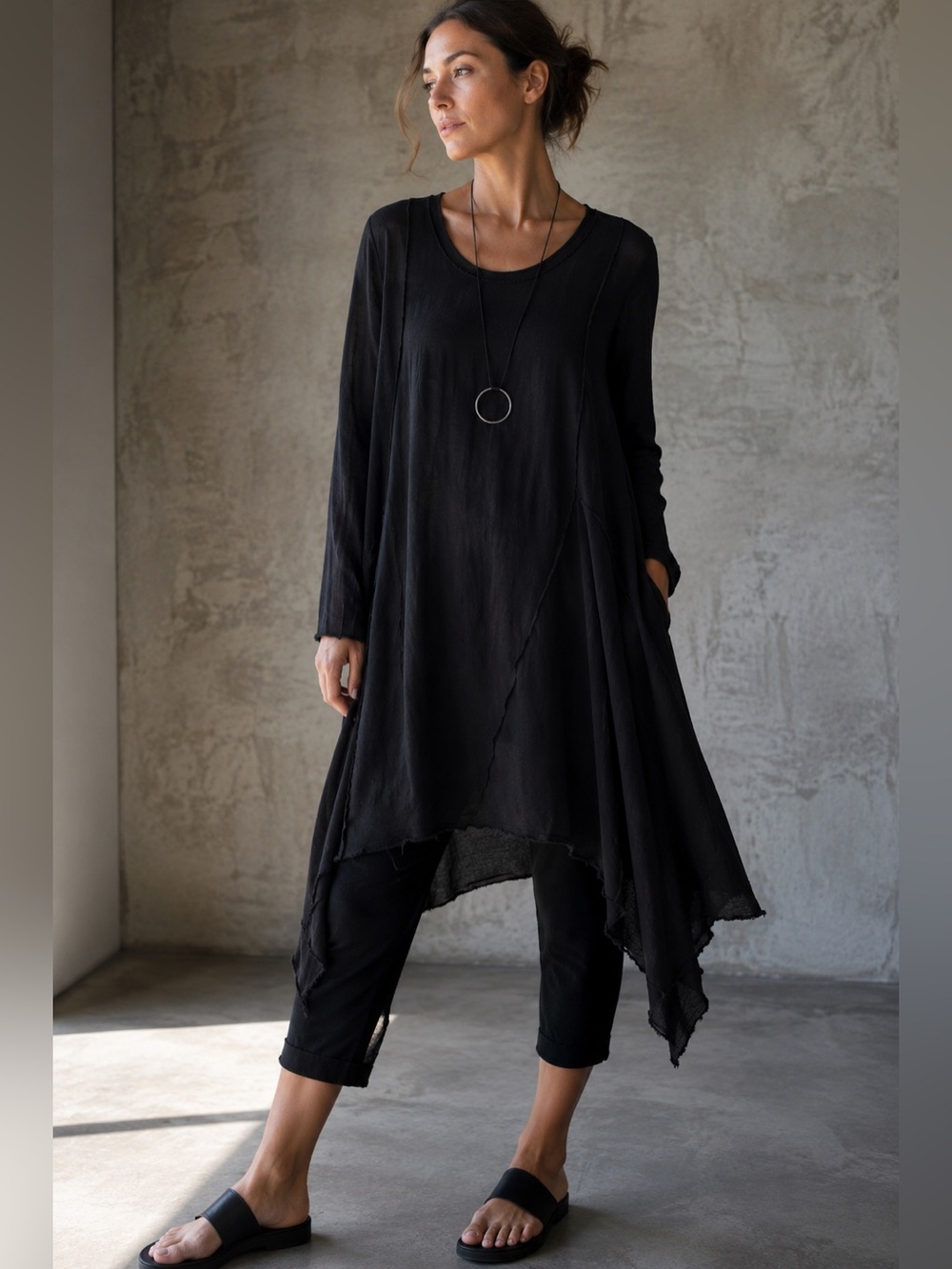 GRIZAS 100% Linen Asymmetrical Tunic Dress XS | Lagenlook Black Layering Top